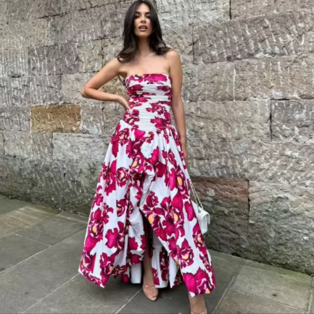 Elegant Puff Printed Tube Long Dresses Women Retro Pleated Slit Sleeveless Solid - Picture 5 of 7